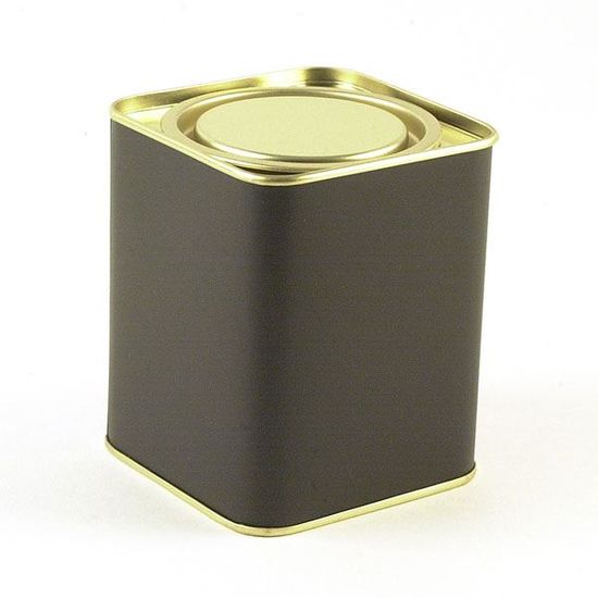 4 oz black plug top tea tin with lid
 4 oz black plug top tea tin with lid